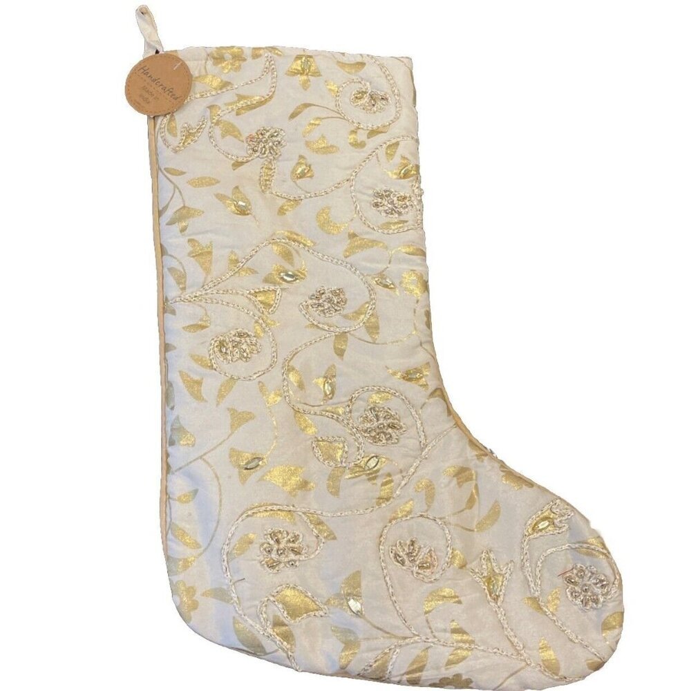 Christmas Stocking Gold Embroidered Floral Handcrafted Indiaβ NEW 18 Inch